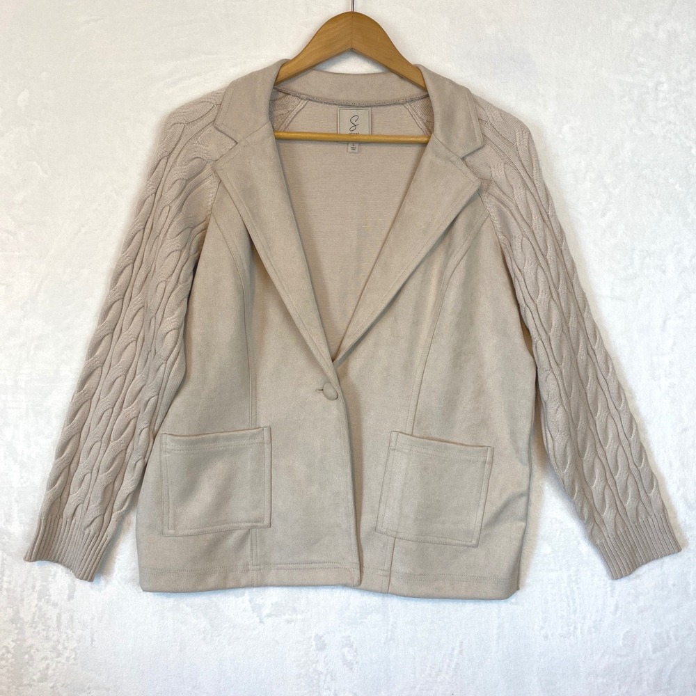 Sioni Women's Blazer Cardigan‎ Neutral Taupe Size L Faux Suede Knit Sleeve